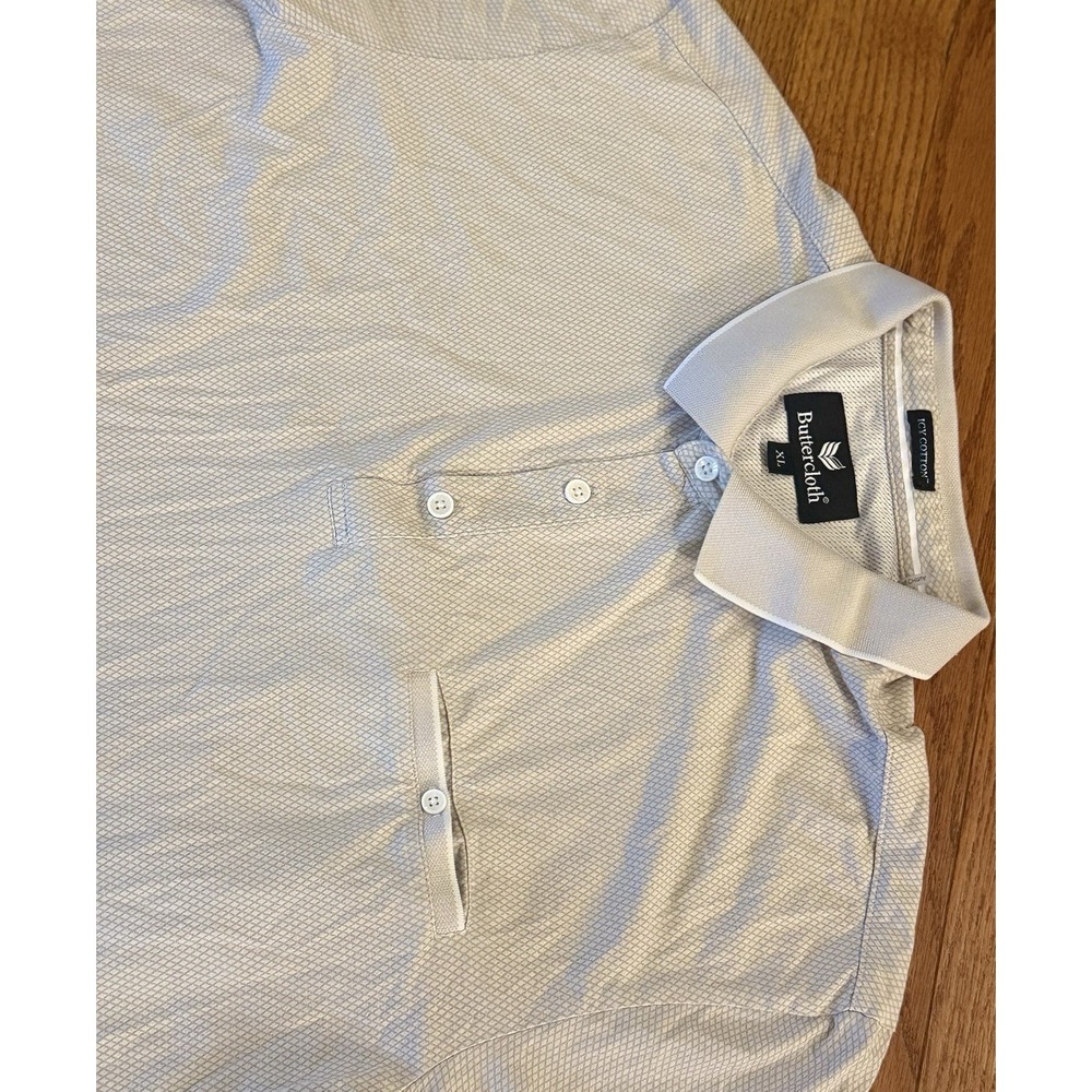 Buttercloth Icy Cotton Polo Shirt Mens XL Tan Cream Diamond Print Short Sleeve